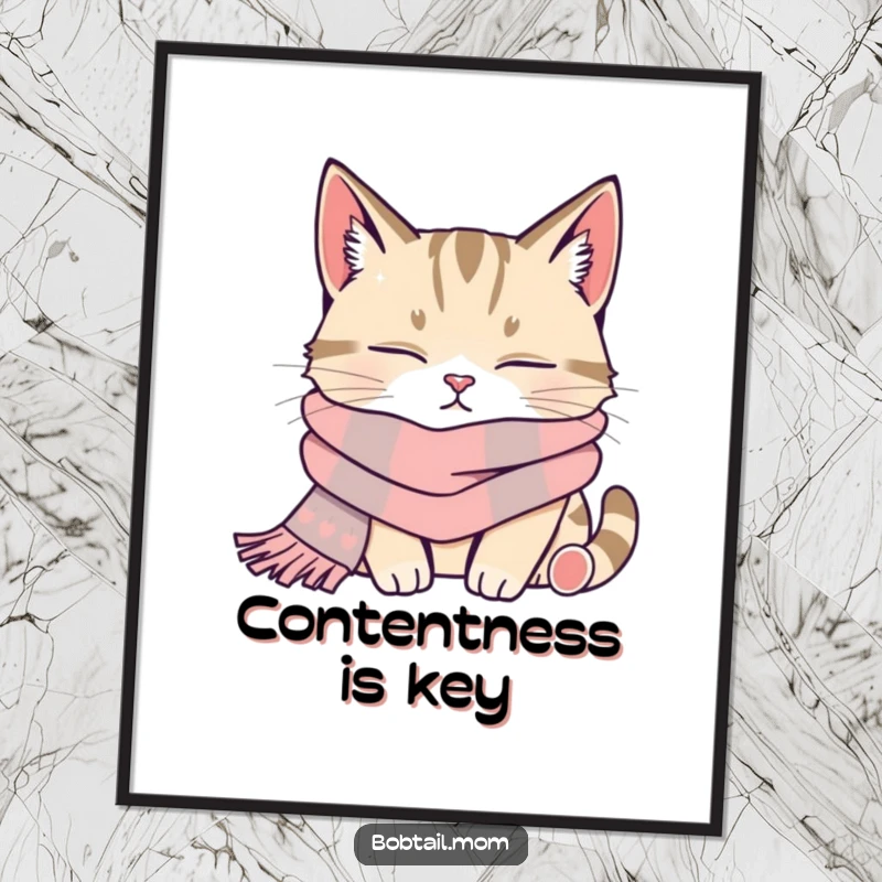 Funny bobtail cat peacefully napping while wearing a cozy scarf, depicted in a charming poster.