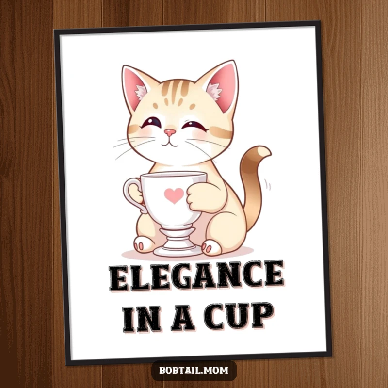 Funny Bobtail cat in an elegant pose with a tiny teacup, adding a touch of sophisticated humor to wall decor.