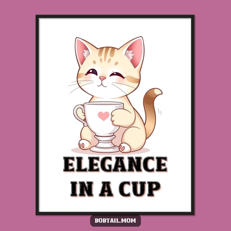 Funny Bobtail Cat Teacup Pose Poster - Elegant & Hilarious Wall Art