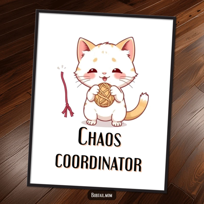 Funny poster capturing a playful Bobtail cat gleefully batting at a dangling ball of yarn, full of feline energy.