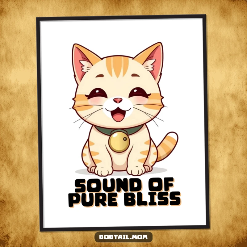 Funny, happy Bobtail cat with a bell collar, depicted purring loudly as poster art.