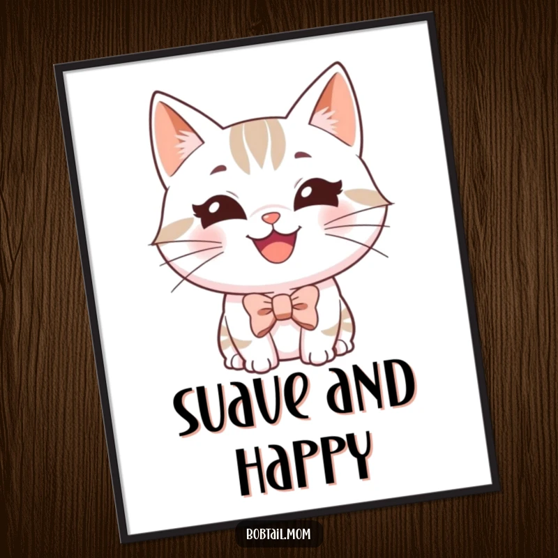 Funny Bobtail cat poster of a happy, grinning cat wearing a tiny bowtie, adding charming art to any room.