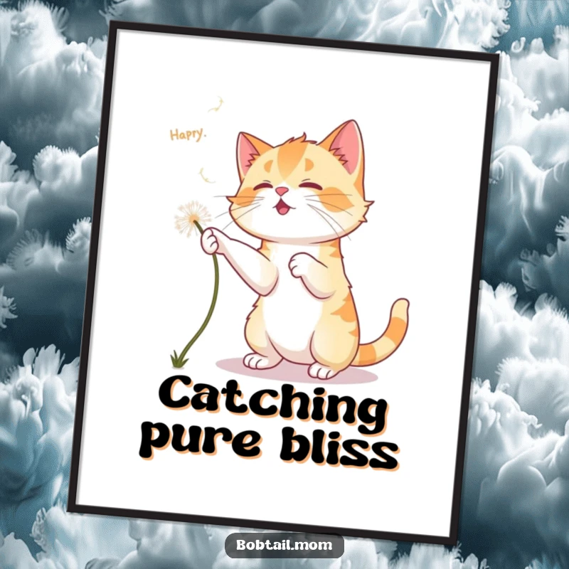 Funny Bobtail Cat Poster: A Bobtail cat playfully chases a falling dandelion fluff, bringing whimsical feline humor to wall decor.