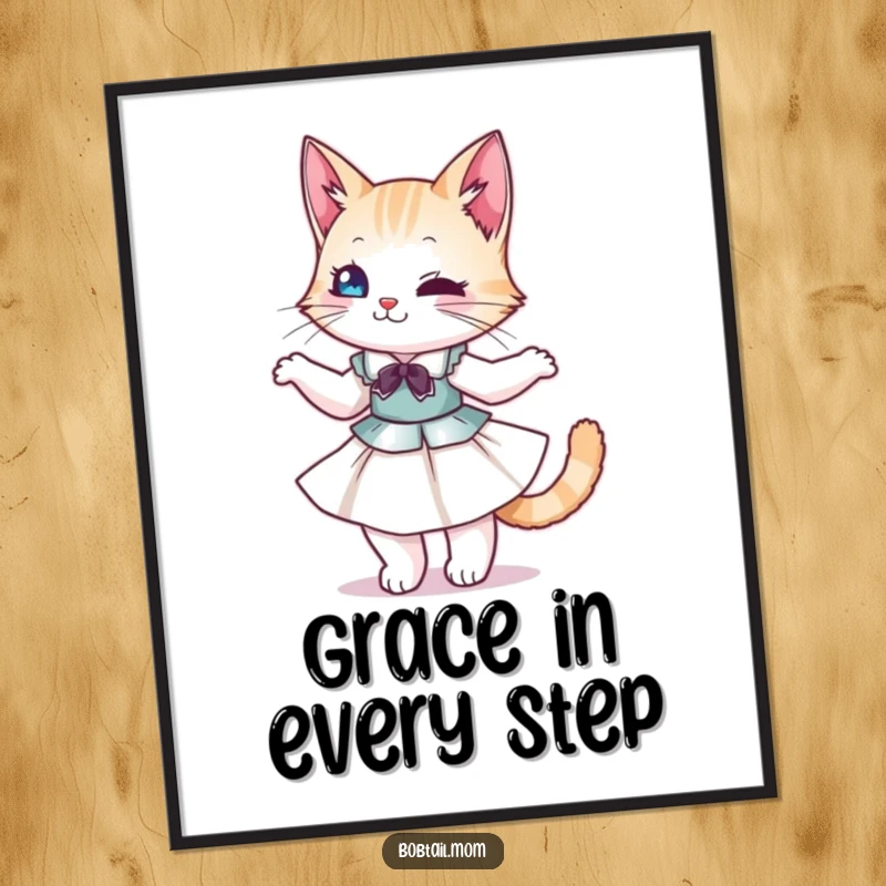 Funny Bobtail Cat Poster: A stylish cat in a dress, gracefully twirling, bringing elegant humor to any room.