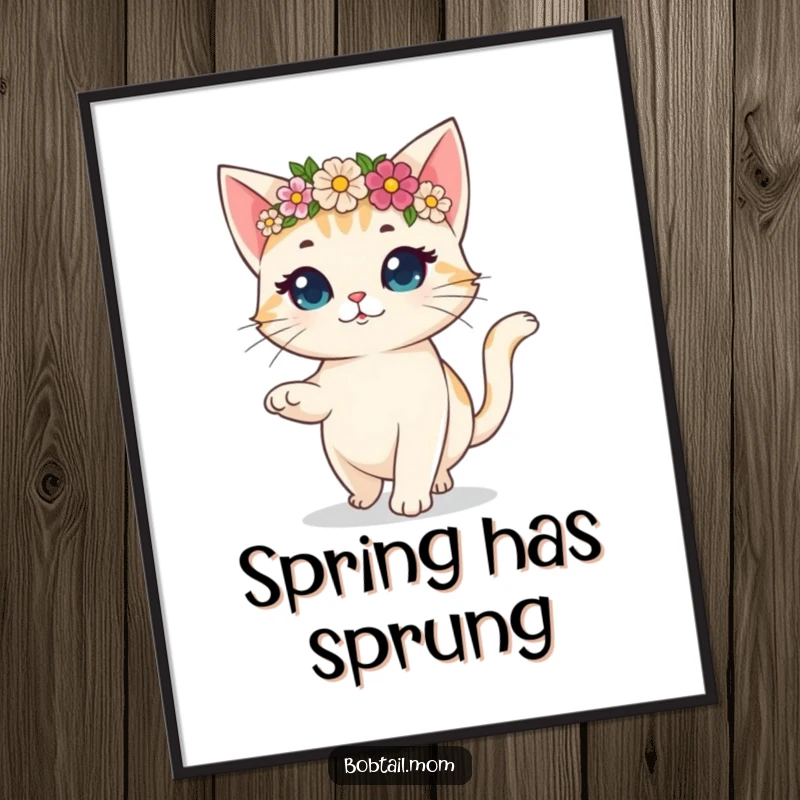 Funny poster of a bobtail cat wearing a flower crown, prancing with uninhibited joy and a playful spirit.