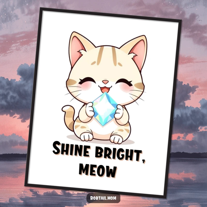 Funny Bobtail cat with a cheerful smile holding a sparkling gem, presented as a vibrant, joyful poster.