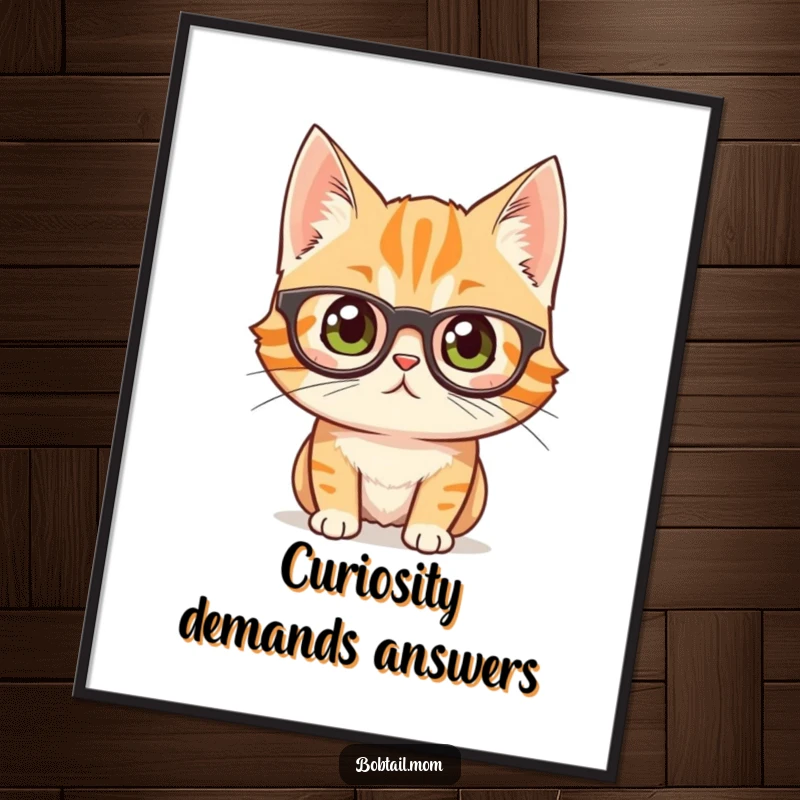 Funny bobtail cat with large glasses peering inquisitively, a quirky and intellectual poster design.