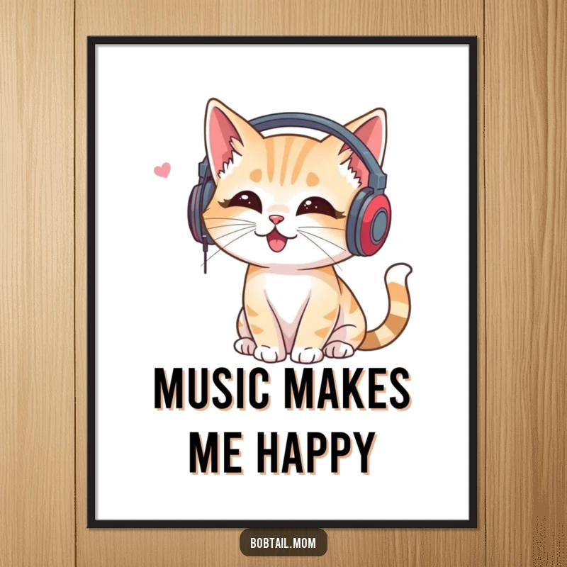 Funny Bobtail Cat Poster: Cat wearing headphones, listening to music joyfully, bringing artistic and musical humor.