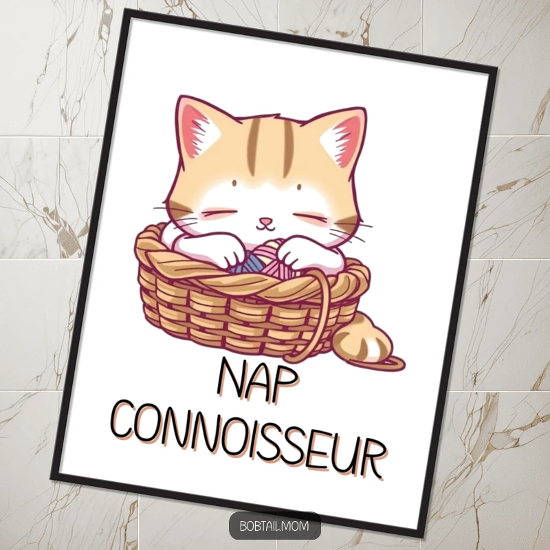 Funny poster print of a Bobtail cat peacefully sleeping in a knitting basket, a heartwarming and humorous piece of wall art.
