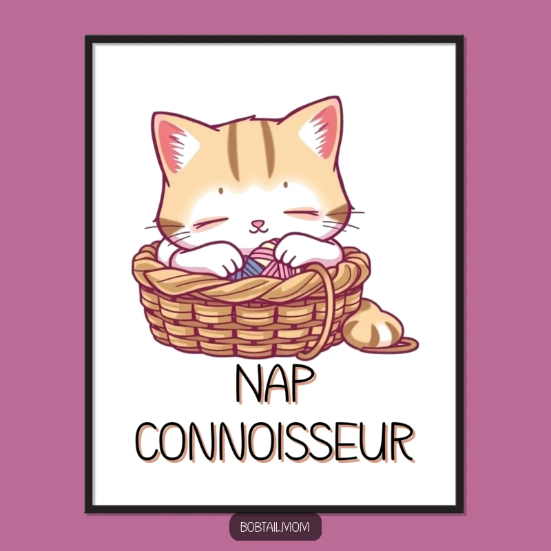 Funny Bobtail Cat Knitting Poster: Peaceful Napping Art for Decor