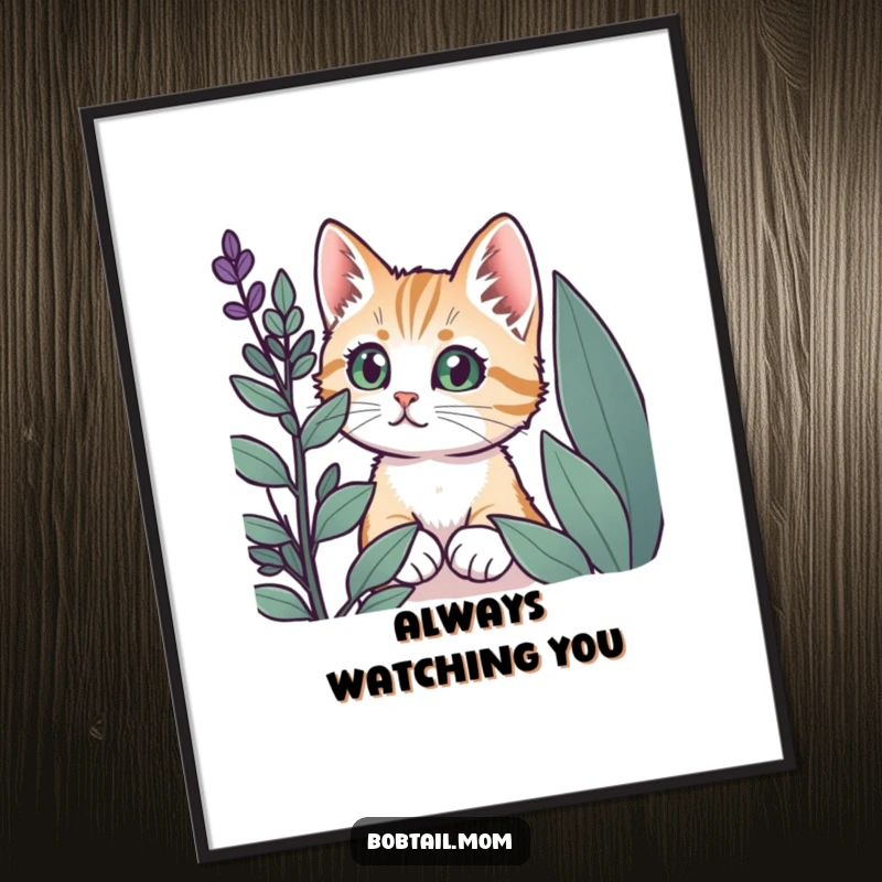 Funny Bobtail cat with wide, curious eyes peeking from behind a plant, depicted as whimsical poster art.