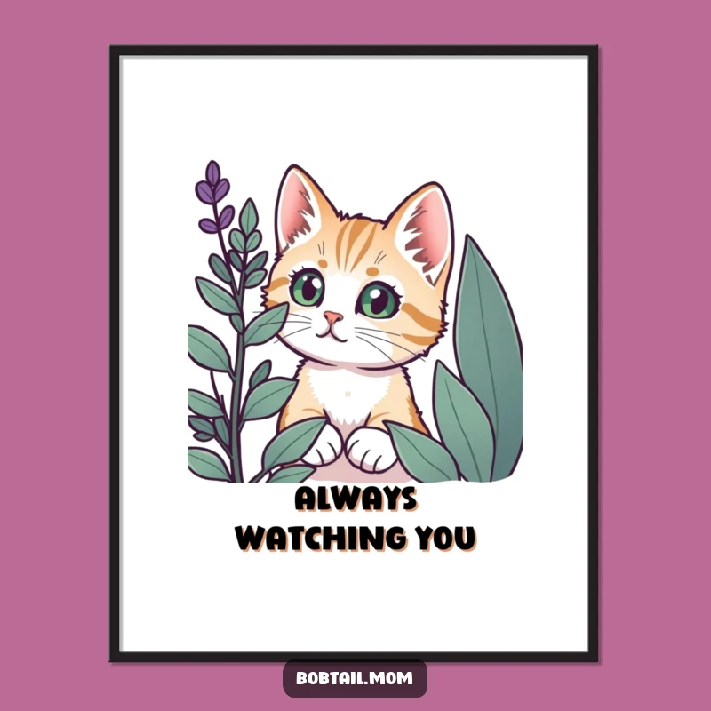 Funny Bobtail Cat Plant Peek Poster - Whimsical & Humorous Wall Art