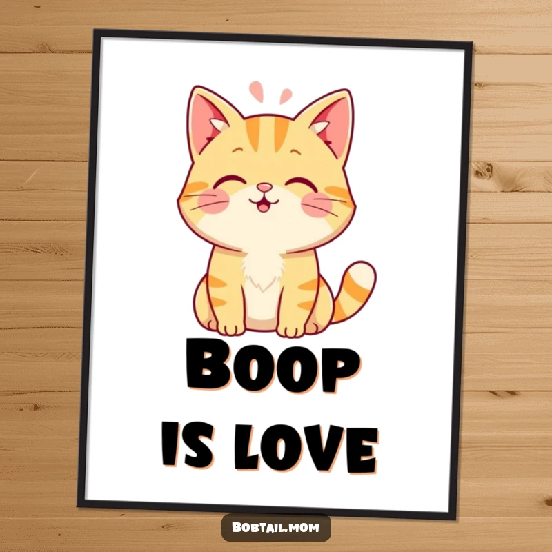 Funny Bobtail cat poster depicting a friendly cat offering a gentle head boop, ideal for adding adorable feline art to any room.