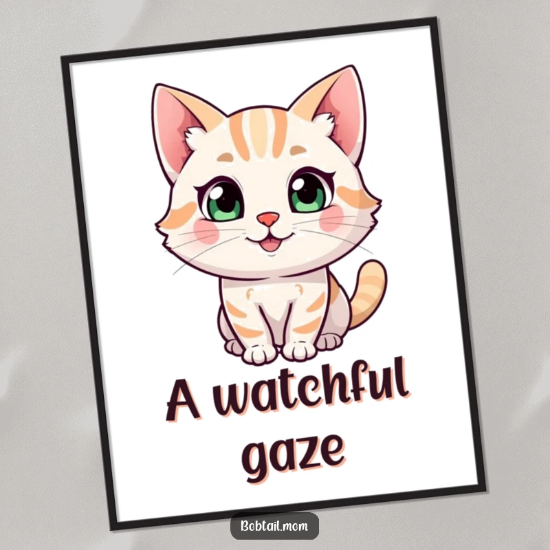 Funny Bobtail cat character poster capturing a happy expression and a curious glance, full of endearing feline personality.