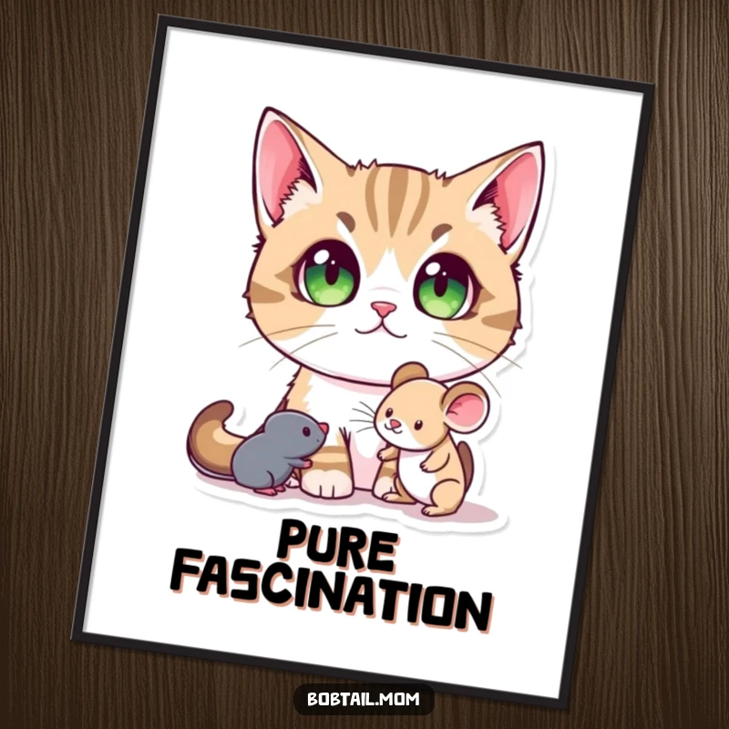 Funny Bobtail Cat Poster displaying a Bobtail cat with huge pupils, gazing with innocent wonder at a toy mouse.
