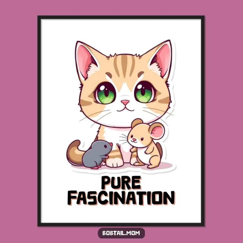 Funny Bobtail Cat Poster: Wide-Eyed Wonder Art, Whimsical Wall Decor