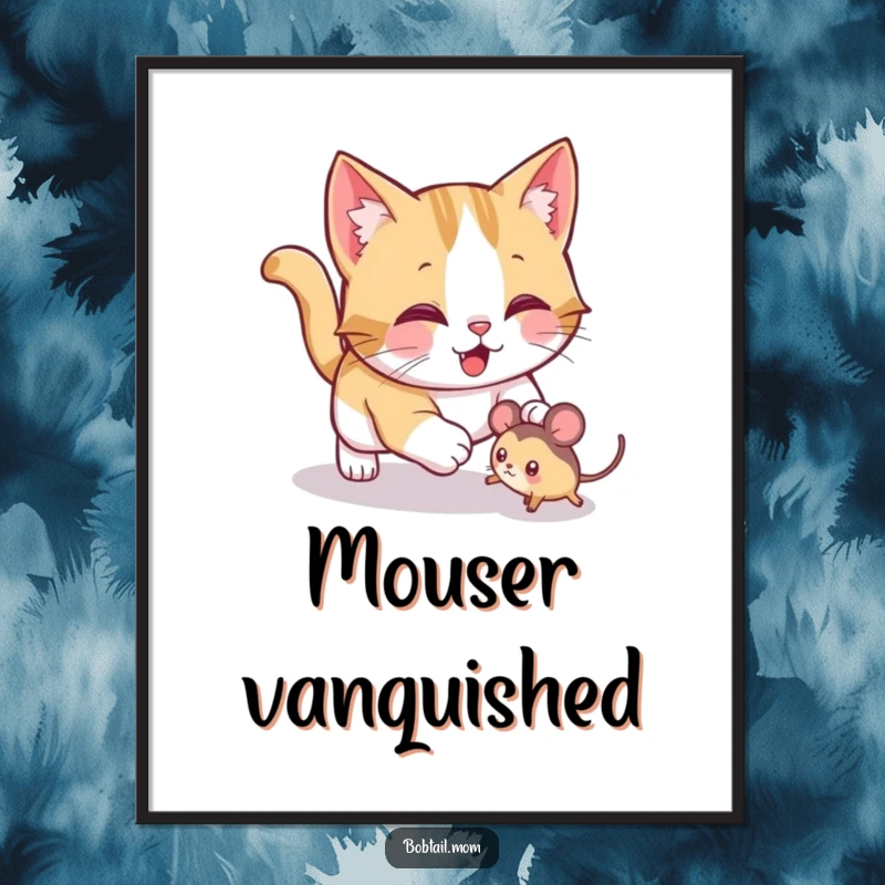 Funny Bobtail cat poster depicting a jolly cat playfully pouncing on a toy mouse, perfect for adding energetic feline art.