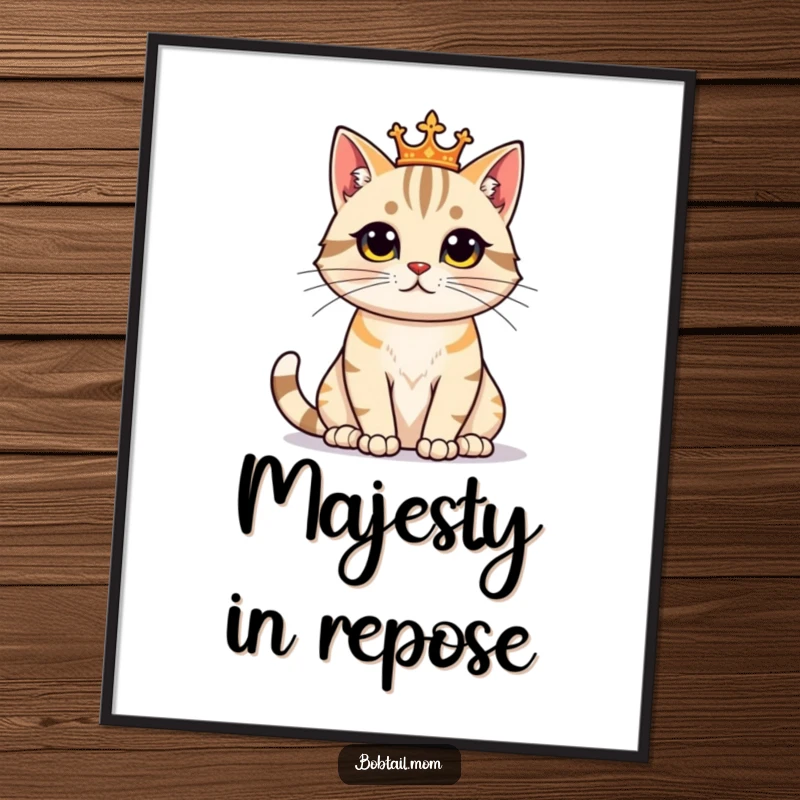 Funny Bobtail Cat Poster depicting a proud feline sitting regally, adding majestic and humorous elegance to decor.