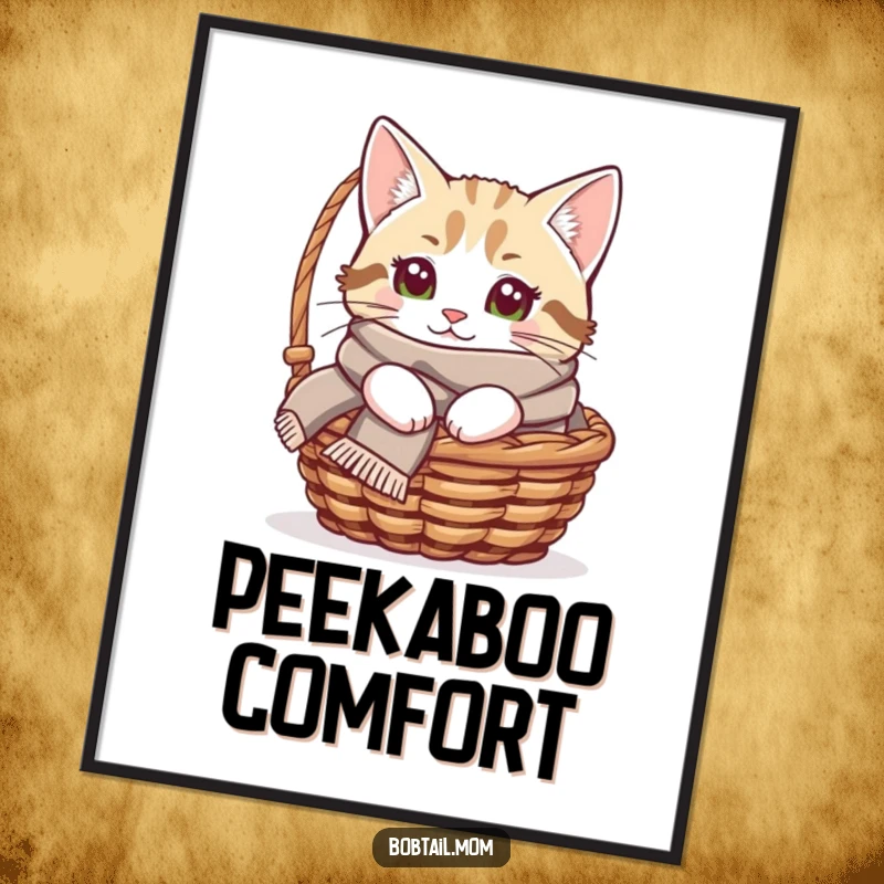 Funny Bobtail cat poster of a cat wearing a cozy scarf, peeking from a basket, perfect for adding heartwarming art.