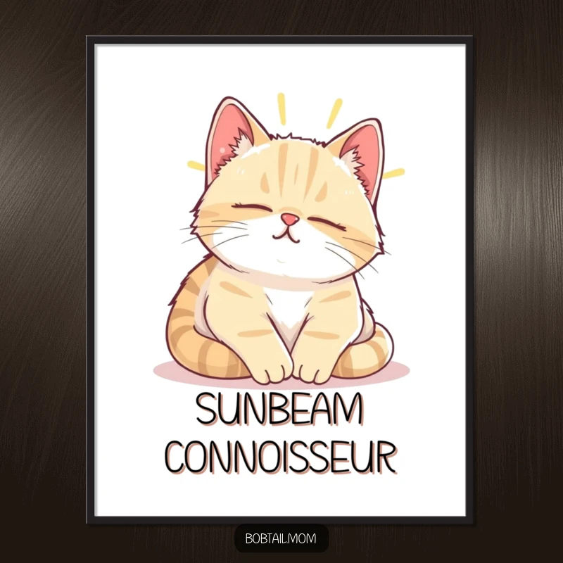 Funny Bobtail cat contentedly napping in a warm sunbeam, depicted as peaceful poster art.