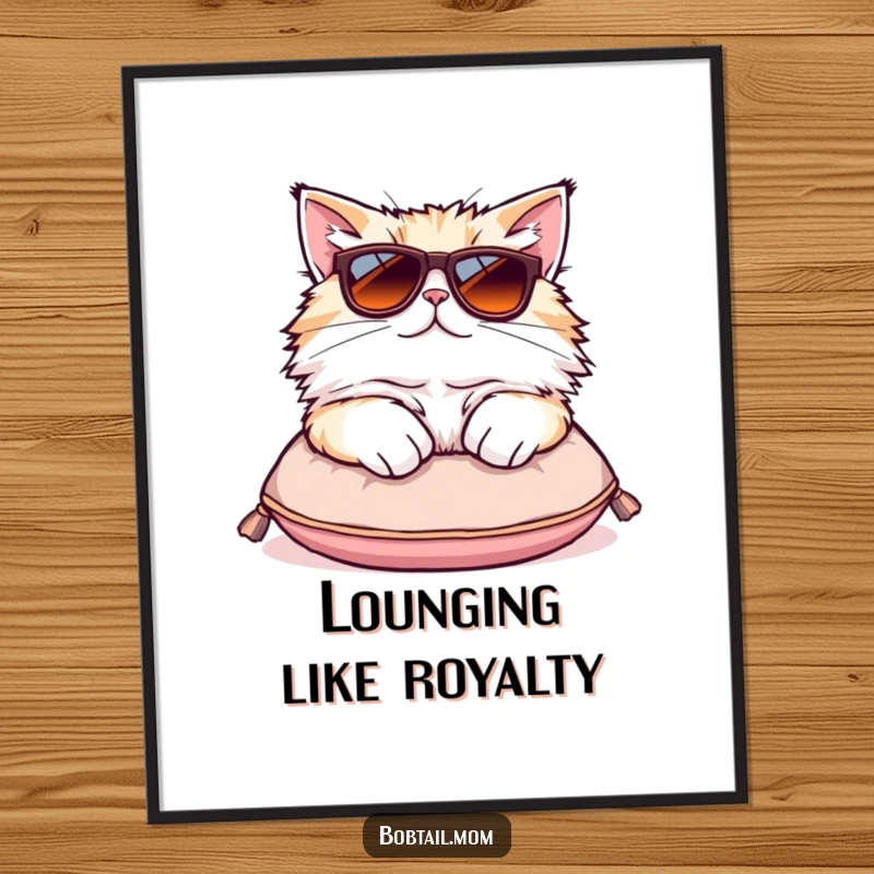 Funny Bobtail cat poster of a fluffy cat wearing oversized sunglasses and lounging on a tiny cushion, exuding cool vibes.