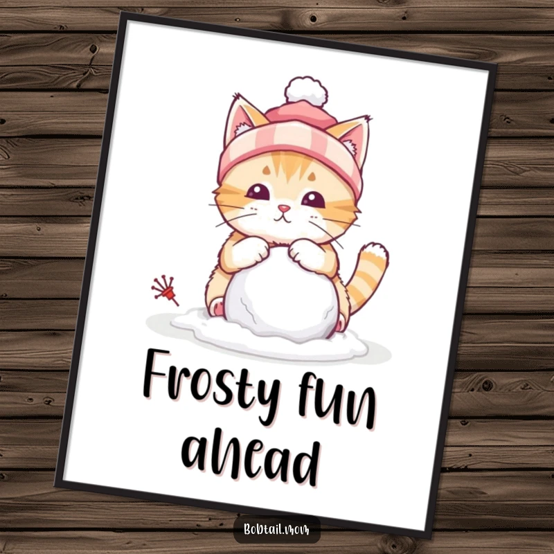 Funny poster of a bobtail cat wearing a winter hat, concentrating on building a small snowball, full of winter spirit.