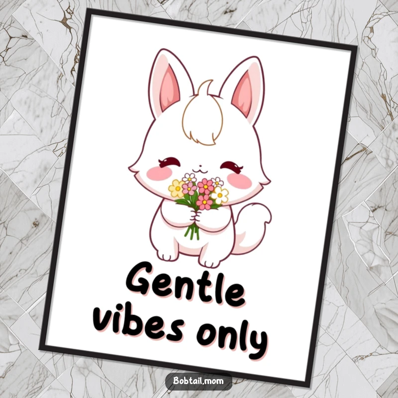 Funny Bobtail Poster: A shy bobtail cat with flowers, creating heartwarming and humorous wall art.