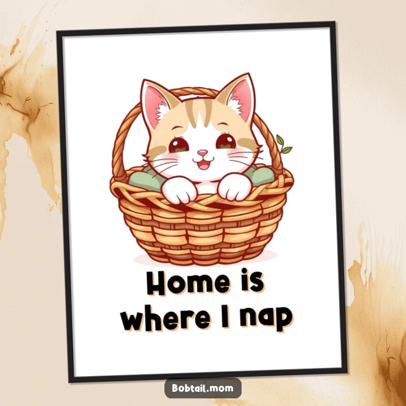 Funny poster featuring a cheerful Bobtail cat peeking from a cozy basket, radiating warmth and curiosity.