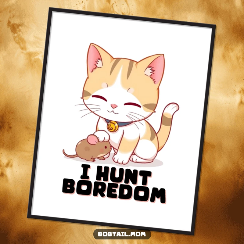 Funny Bobtail cat with a bell collar playfully nudging a toy mouse, presented as a vibrant, humorous poster.