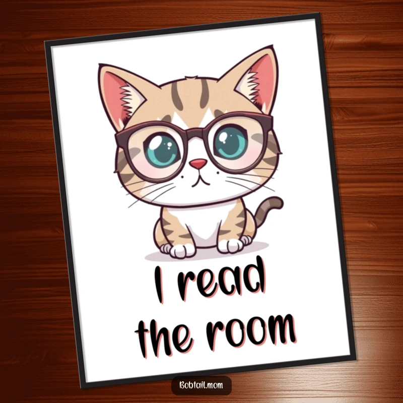 Funny Bobtail cat with a determined look wearing tiny reading glasses, presented as a vibrant, intellectual poster.