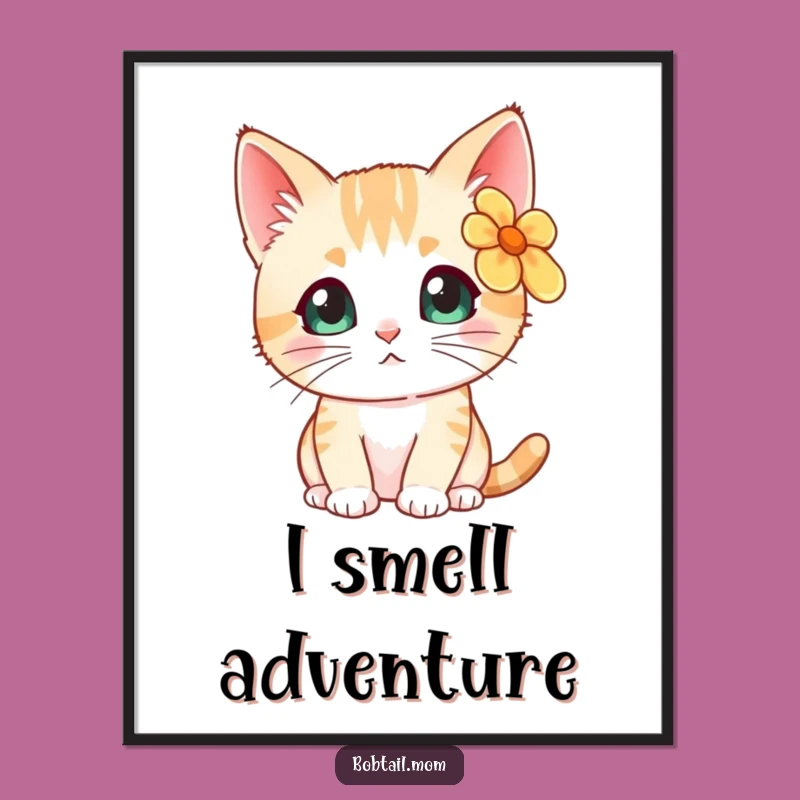 Funny Bobtail Cat Flower Poster: Whimsical Wall Art for a Curious Soul