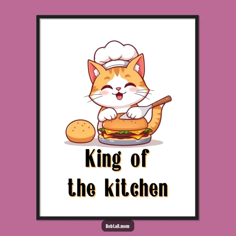 Funny Bobtail Cat Chef Poster: Hilarious Burger Flipping Art for Your Kitchen Wall