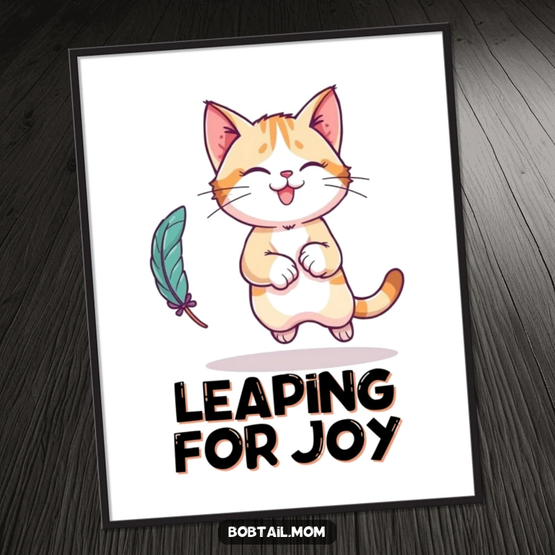 Funny Bobtail cat character poster capturing a dynamic, playful leap while chasing a feather toy, full of feline energy.
