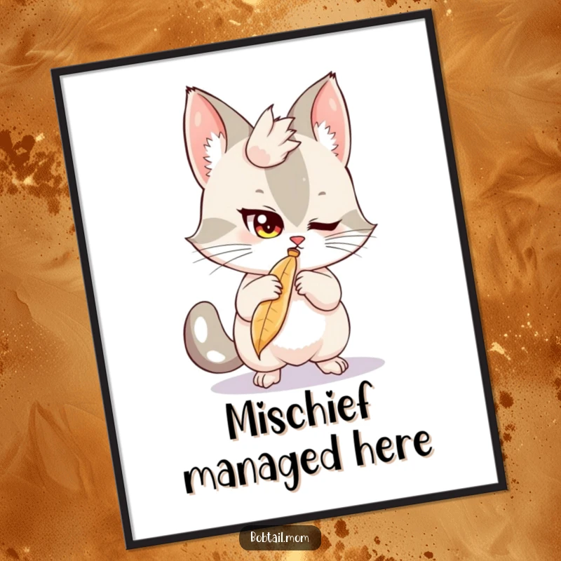 Funny Bobtail Poster: A mischievous bobtail cat batting at a feather, creating humorous and playful wall art.