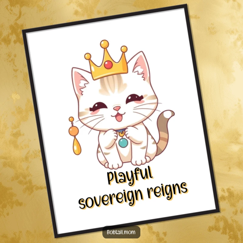 Funny Royal Bobtail Cat Poster: Cat wearing a crown, playfully batting a charm, regal and humorous wall art.
