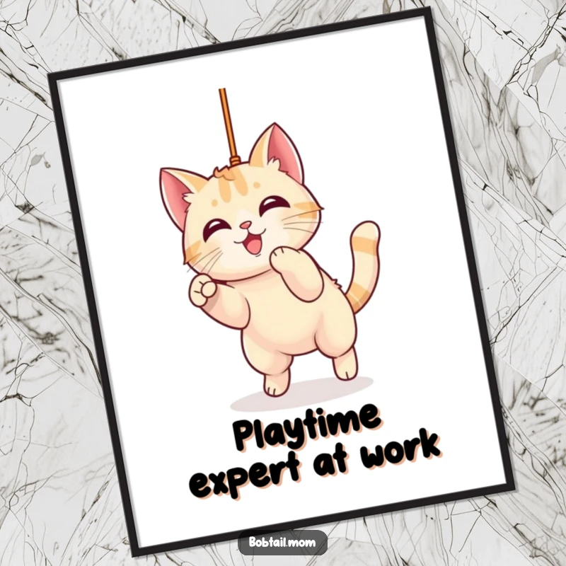 Funny Kawaii Bobtail Cat Poster showing a cute cat character focused intently on pouncing at a dangling string, bringing a humorous vibe to walls.