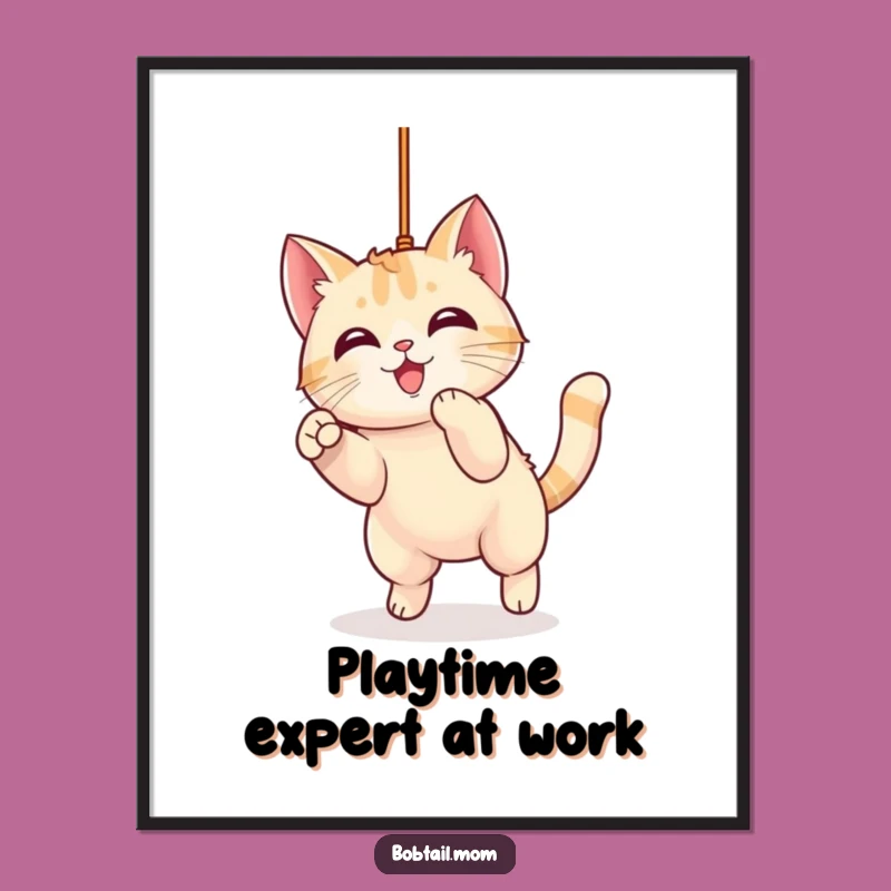 Funny Kawaii Bobtail Cat Pouncing Poster: Adorable Wall Art for Cat Fans