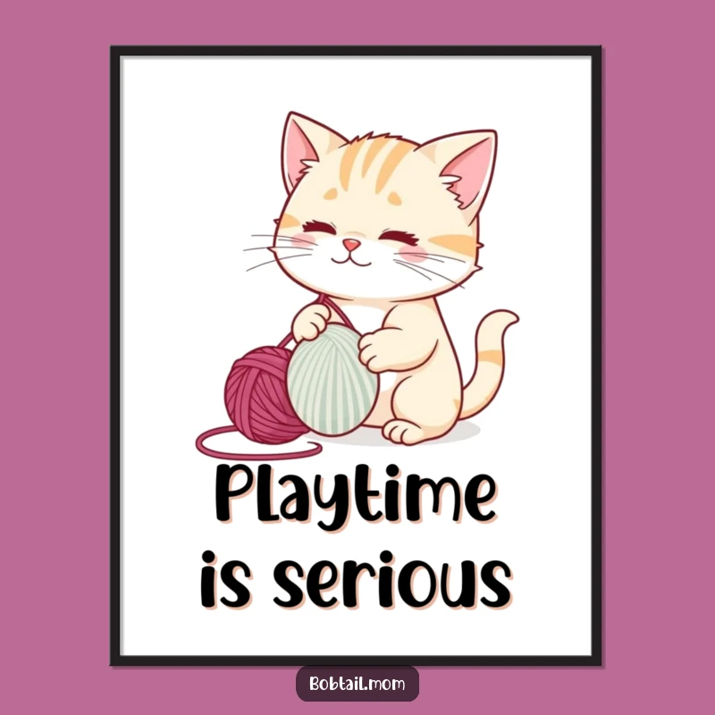 Funny Bobtail Cat Poster: Playful Yarn Chaos Wall Art Decor Gift