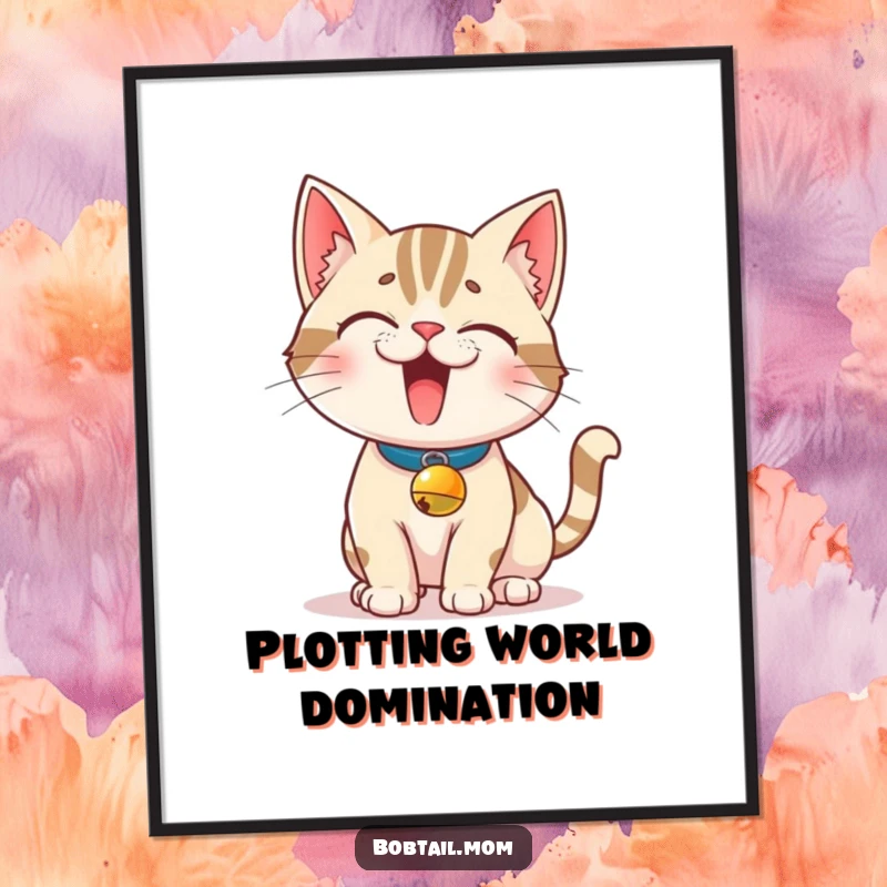 Funny Bobtail Cat Poster: A mischievous Bobtail cat with a bell collar strikes a pose, bringing charming feline humor to wall decor.