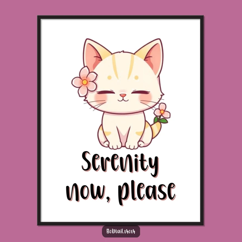 Funny Bobtail Cat Flower Poster: Serene Feline Art, Beautiful Funny Gift