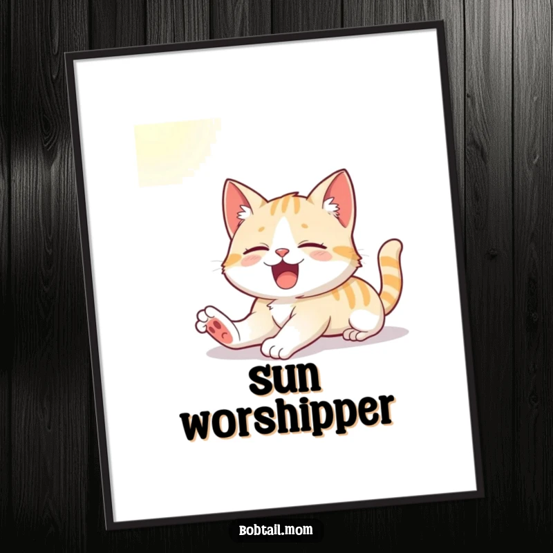 Funny poster capturing a cute Bobtail cat stretching and yawning in a warm sunbeam, embodying pure comfort and joy.