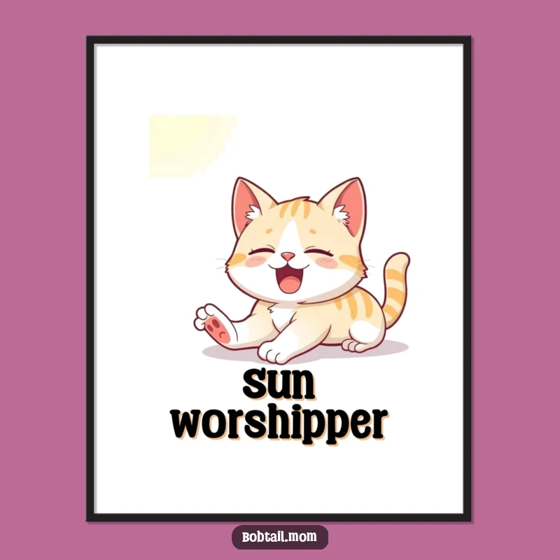 Funny Bobtail Cat Art Print: Cute Cat Yawning in Sunlight