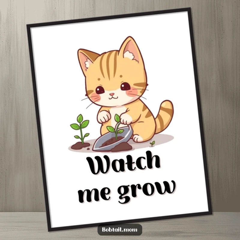 Funny bobtail cat with a gardening trowel planting a small sprout, embodying dedication to nature, perfect for wall art.