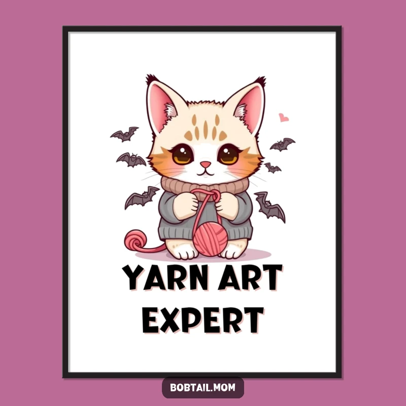 Funny Bobtail Cat Cozy Sweater Yarn Poster - Whimsical Wall Art Decor