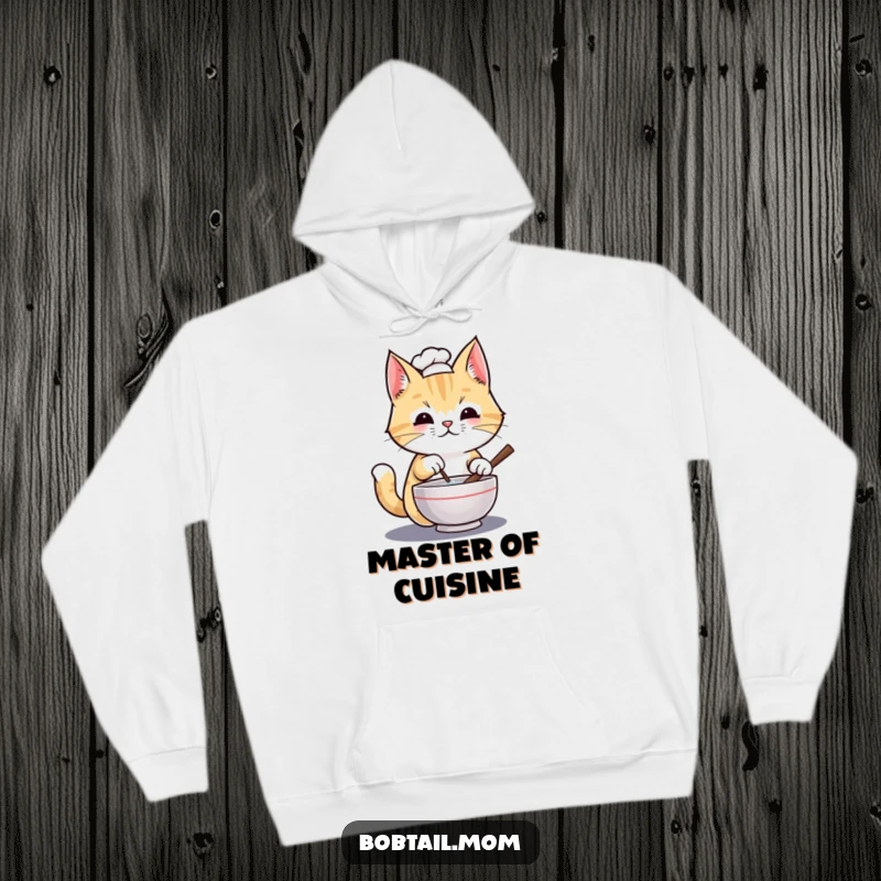 Funny Bobtail cat chef wearing a tiny hat, stirring a miniature bowl, featured on a warm, cozy hoodie.