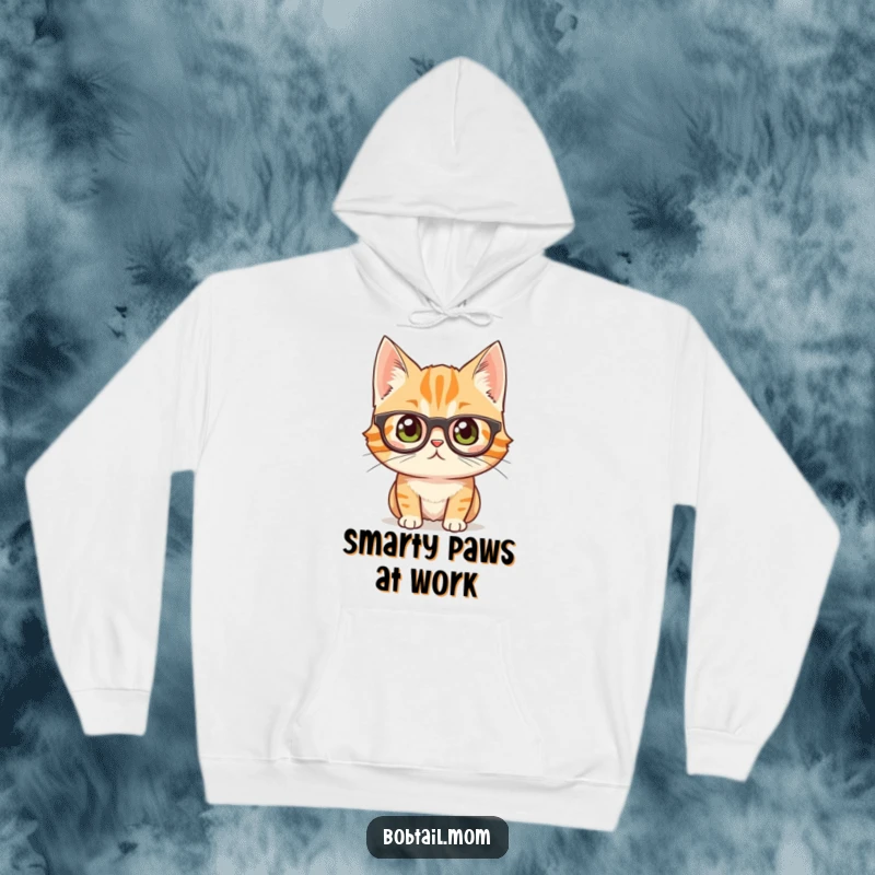 Funny bobtail cat wearing oversized glasses, conveying intense curiosity, printed on a warm hoodie.
