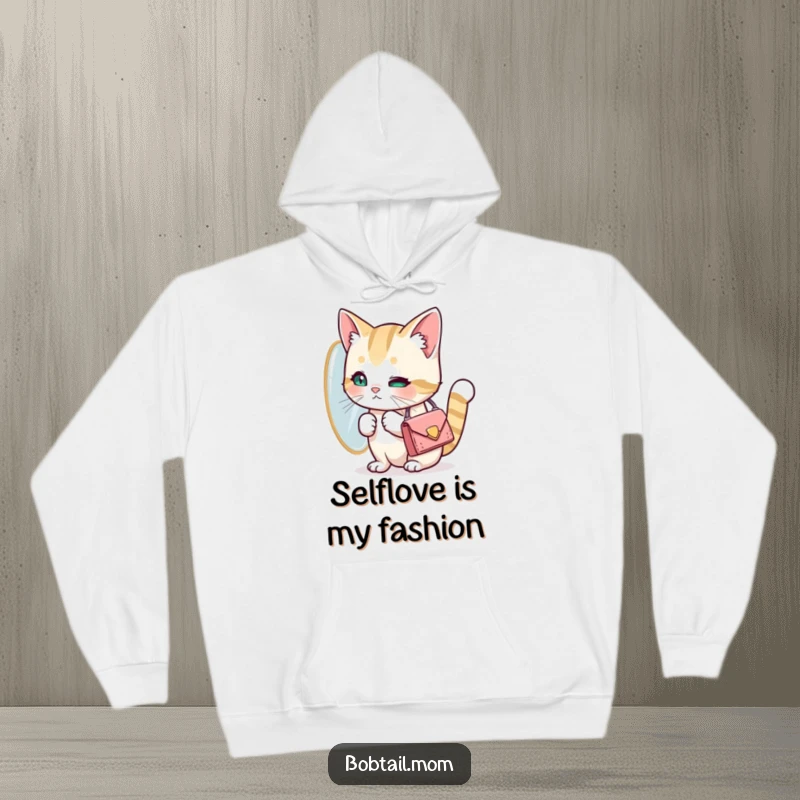 Funny Bobtail cat holding a tiny purse, looking at its reflection. A warm and humorous hoodie for stylish cat lovers, ideal gift.