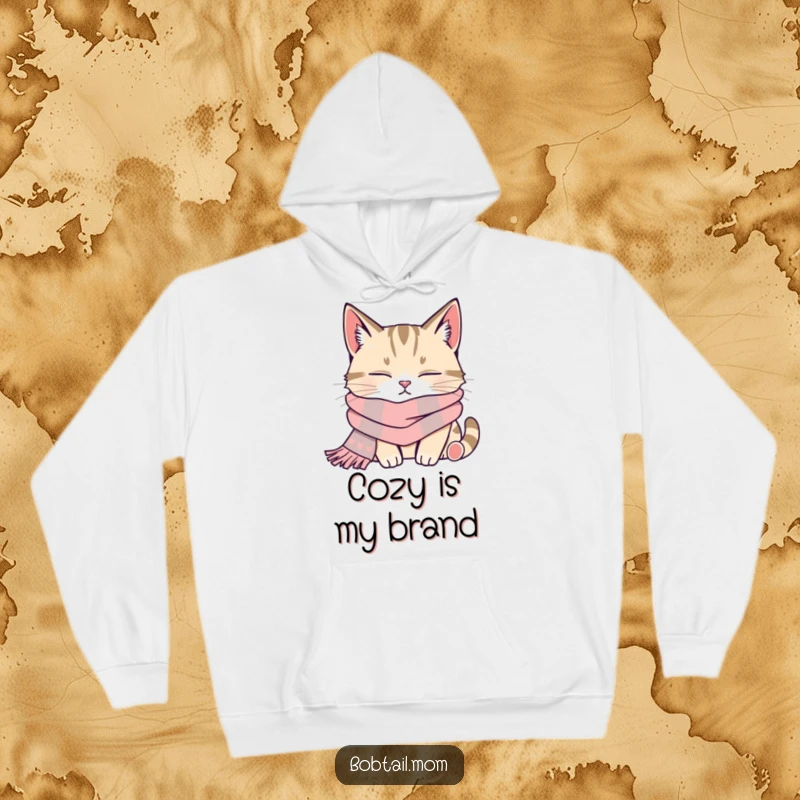Funny bobtail cat wearing a soft scarf, deep in a contented nap, printed on a warm hoodie.
