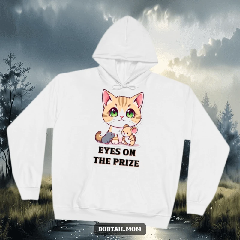 Funny Bobtail Cat Hoodie featuring a Bobtail cat with large, expressive pupils, mesmerized by a toy mouse.