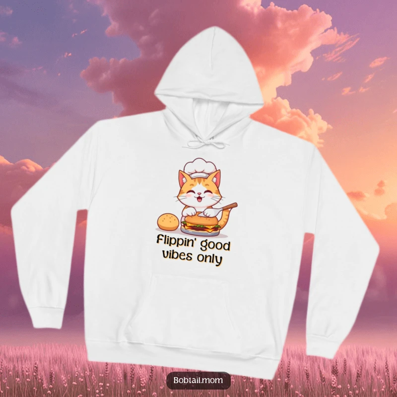 Funny hoodie depicting a bobtail cat chef with a hat, enthusiastically flipping a burger, radiating culinary happiness.